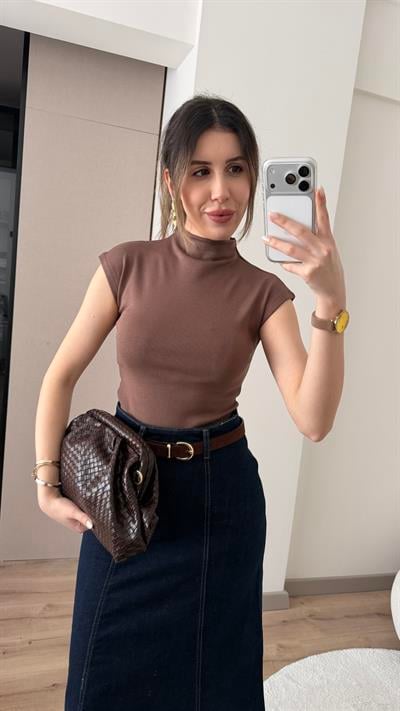 BALIKÇI YAKA KISA KOLLU KAHVE FİTİLLİ BLUZ