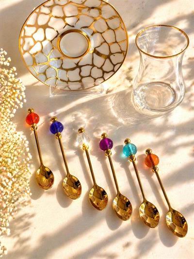 Gold Çay Kaşık 6'Lı Renkli Taşlı 