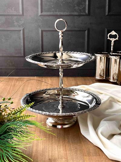 Halat Desenli 2 Katlı Metal İkramlık ve Sunum Standı – 26x26x26 cm