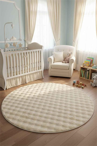 Peluş Model Kaydırmaz Tabanlı Buble Yuvarlak Dekoratif Halı Vanilya 100x100cm 