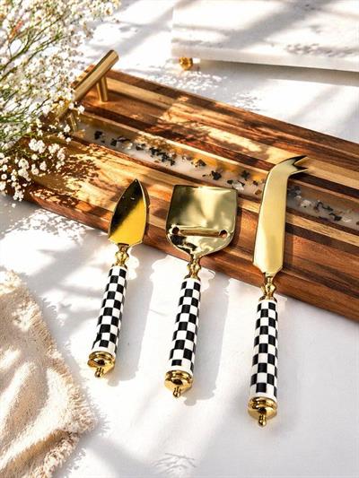 Peynir Kesme Servis Seti 3'Lü Gold Dama Desen