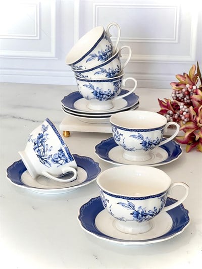 Porselen Çay Fincanı 6 Kişilik 12 Parça Blue