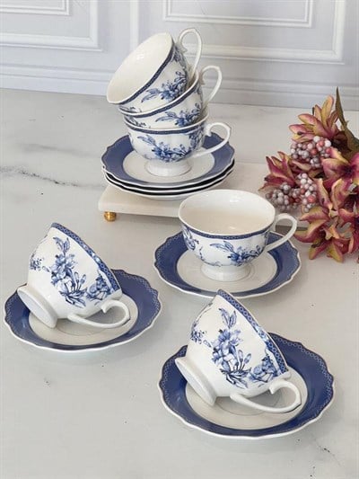 Porselen Çay Fincanı 6 Kişilik 12 Parça Blue