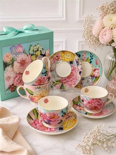 Porselen Çay Fincanı 6 Kişilik 12 Parça Full Bloom