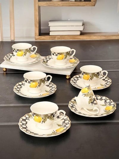 Porselen Türk Kahve Fincanı 6 Kişilik 12 Parça Amarillo