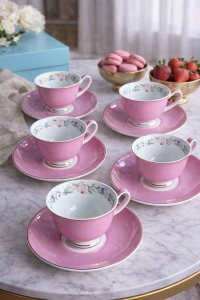 Porselen Türk Kahve Fincanı 6 Kişilik 12 Parça Ruby Pembe