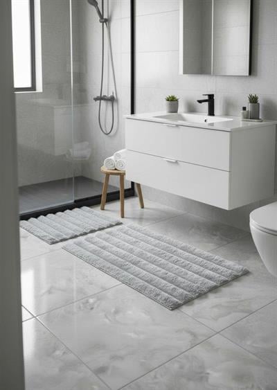 Tavşan Tüyü Gri Klozet Takımı Banyo Paspası Kaymaz TPR Taban Yıkanabilir 2'li Set 40x60-60x100