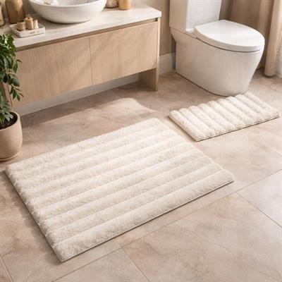 Tavşan Tüyü Krem Klozet Takımı Banyo Paspası Kaymaz TPR Taban Yıkanabilir 2'li Set 40x60-60x100