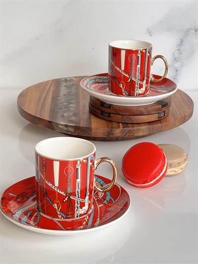 Türk Kahve Fincanı Asorti Kırmızı 2 Kişilik 4 Parça