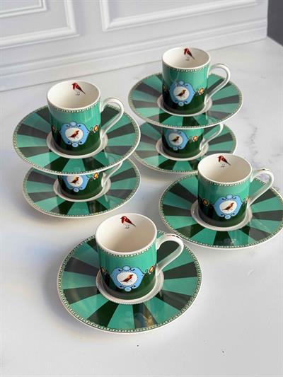 Türk Kahve Fincanı Bird Green 6 Kişilik 12 Parça