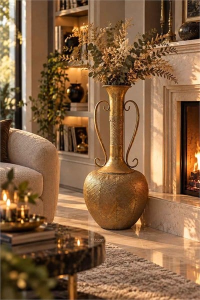 Vazo Kulplu Eskitme Metal Gold Detaylı Dekoratif 74cm