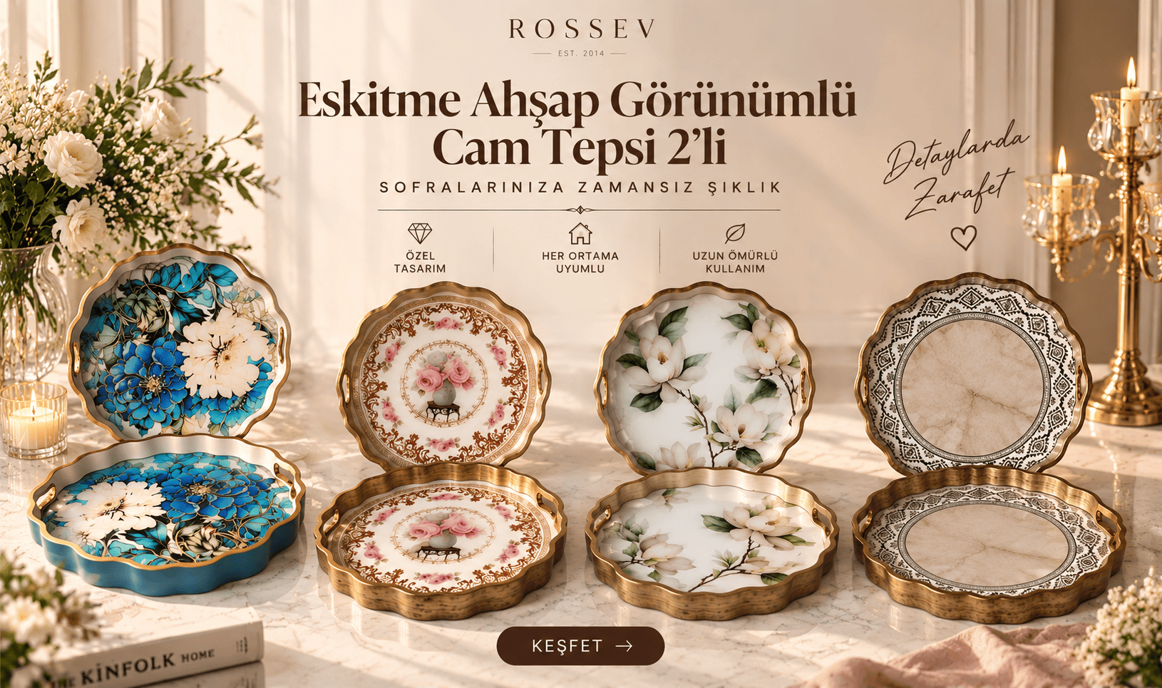 Eskitme Ahşap Görünümlü Tepsiler