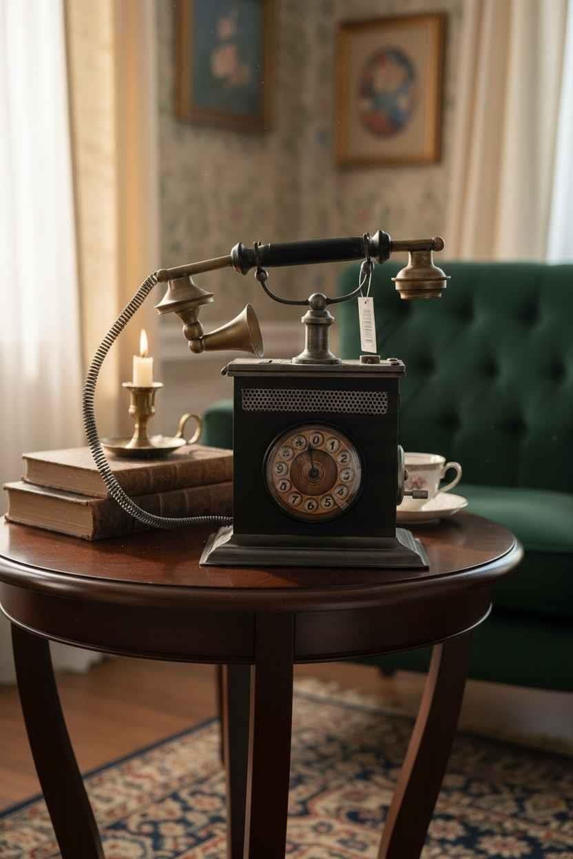 Dekoratif Nostaljik Telefon Temalı Masa Saati ve Kumbara