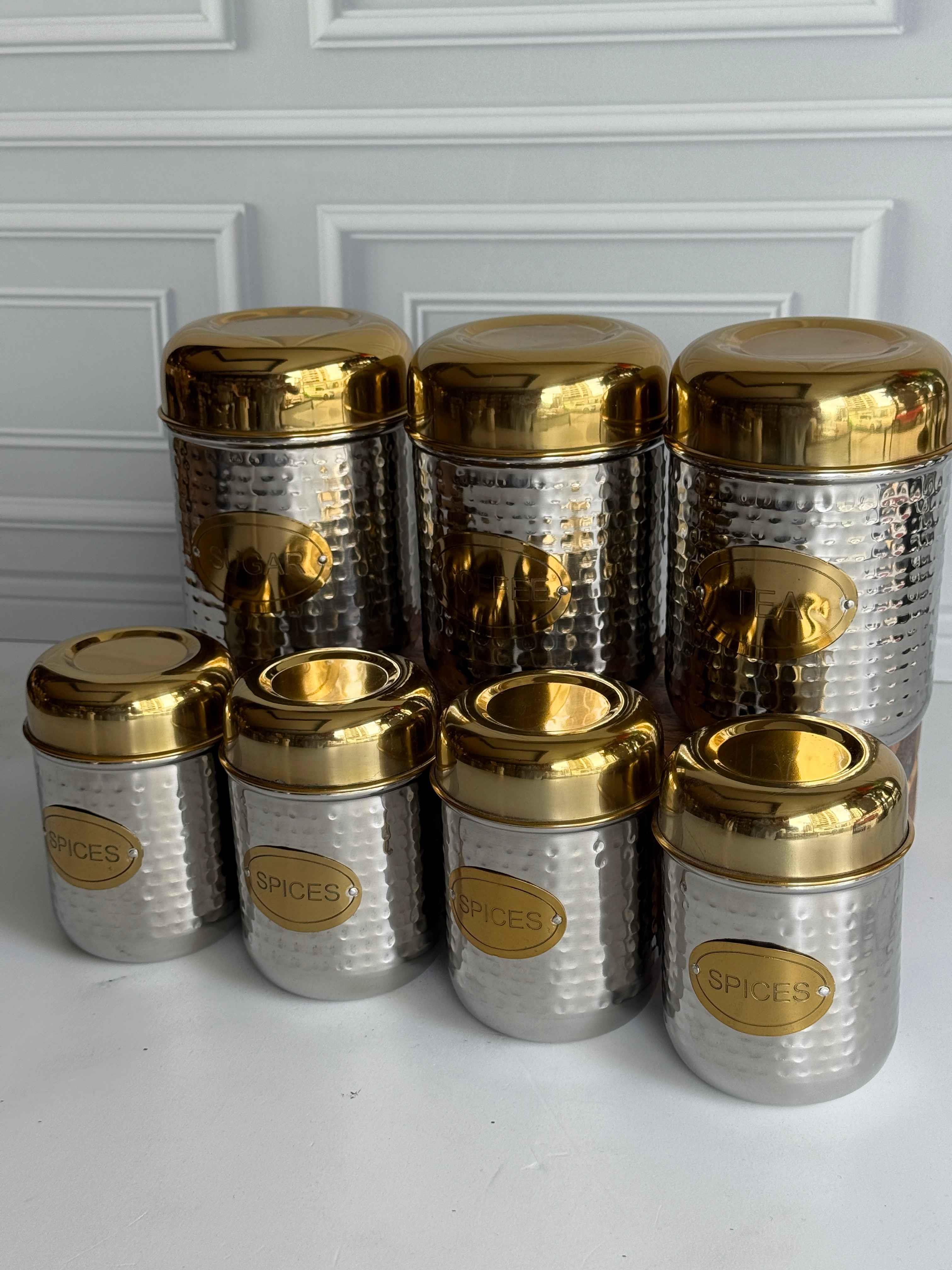 Gold Kapaklı Paslanmaz Çelik Baharat ve Saklama Kabı Seti 7'li
