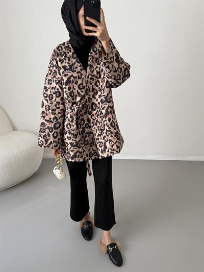 Bağlamalı Kapitone Ceket - Leopar