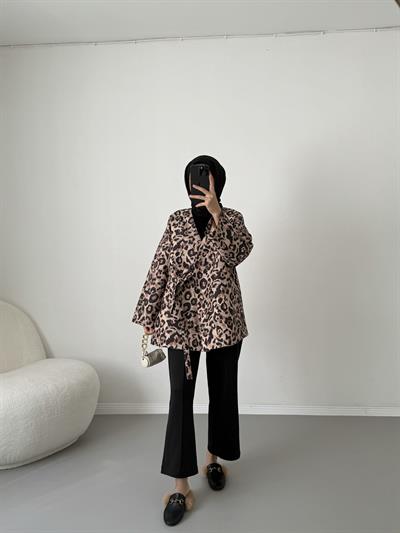 Bağlamalı Kapitone Ceket - Leopar