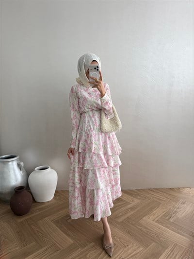 Çicek Desenli Elbise - Pudra