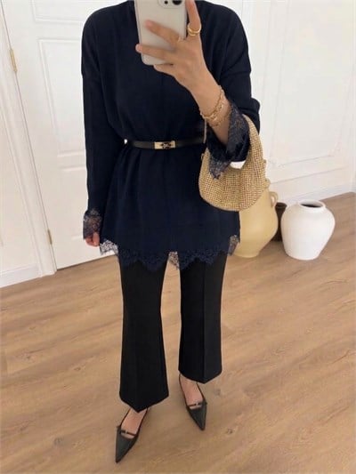 Dantelli Merserize Tunik - Lacivert 