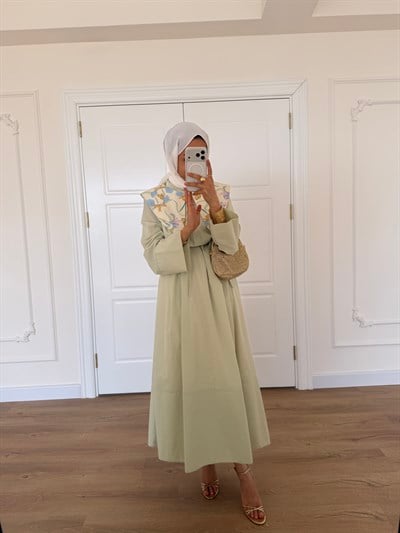 Desenli Yakalı Elbise - Mint