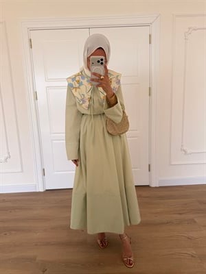 Desenli Yakalı Elbise - Mint