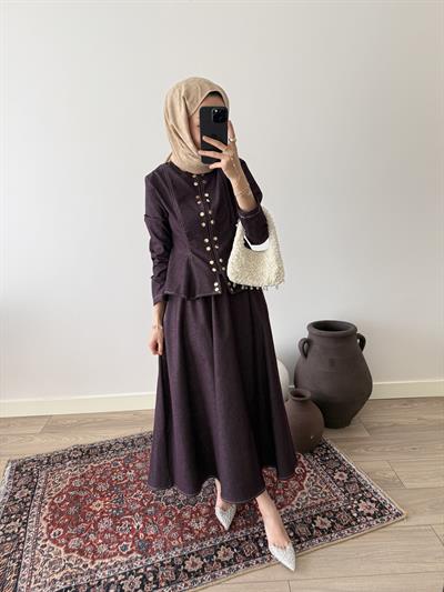 Düğmeli Kot Takım - Bordo