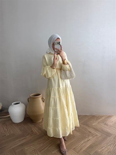 Düğmeli Tensel  Elbise - Sarı