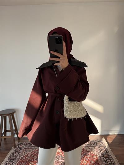 Deri Yakalı Trençkot - Bordo