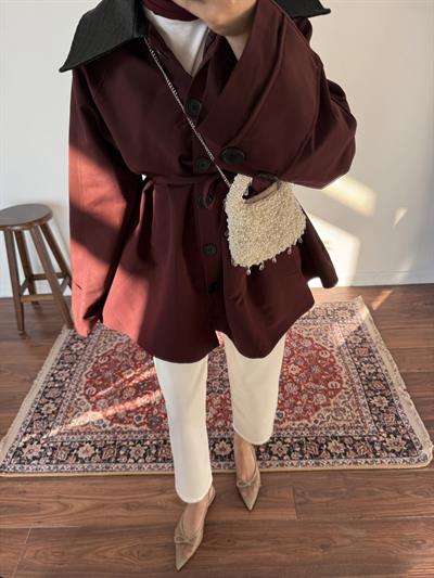 Deri Yakalı Trençkot - Bordo