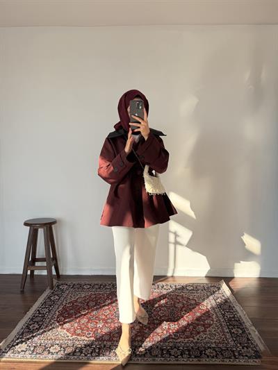 Deri Yakalı Trençkot - Bordo