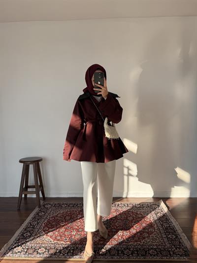 Deri Yakalı Trençkot - Bordo