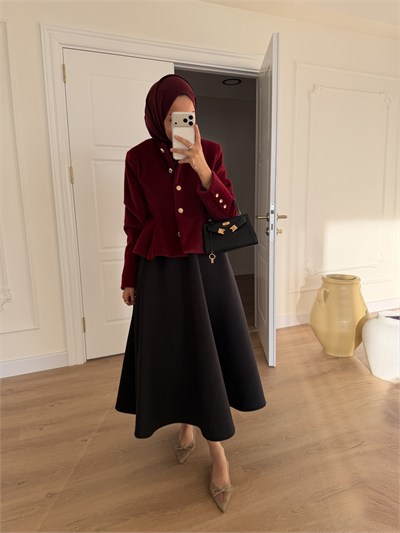 Gold Düğmeli Angora Kaban - Bordo