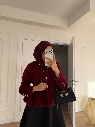 Gold Düğmeli Angora Kaban - Bordo