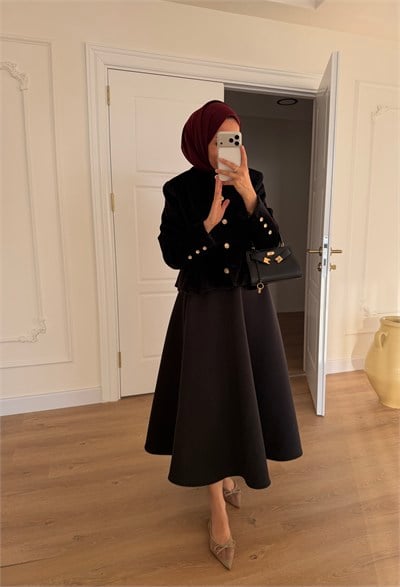 Gold Düğmeli Angora Kaban - Siyah