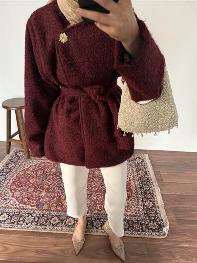 Gold Düğmeli Kaşe Kaban - Bordo