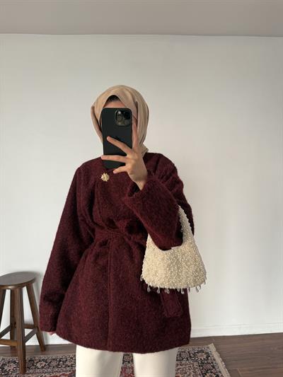 Gold Düğmeli Kaşe Kaban - Bordo