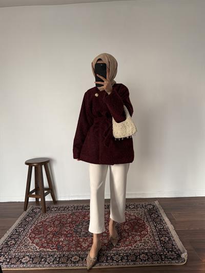 Gold Düğmeli Kaşe Kaban - Bordo