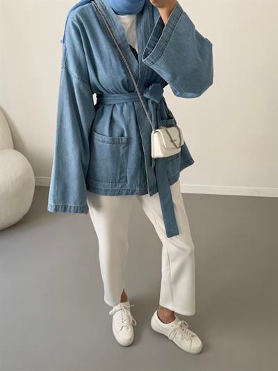 Kot Kimono Ceket - Acık Kot