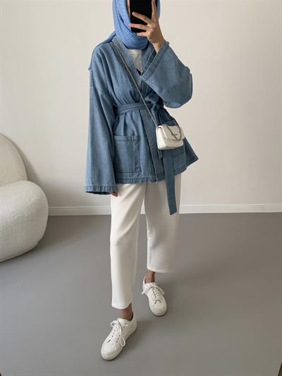 Kot Kimono Ceket - Acık Kot