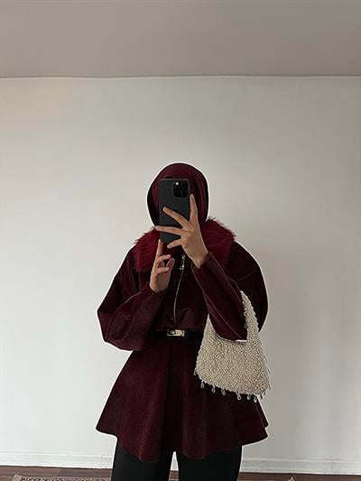 Kürk Yakalı Kap - Bordo