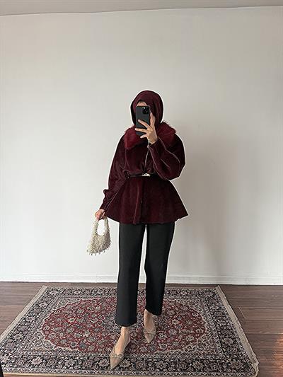 Kürk Yakalı Kap - Bordo