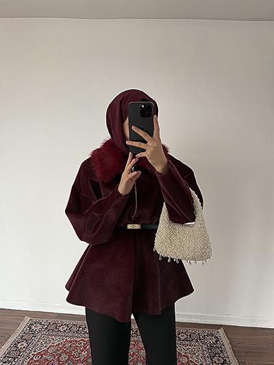 Kürk Yakalı Kap - Bordo