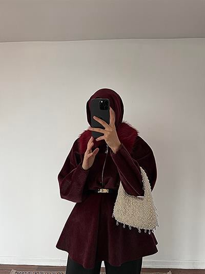Kürk Yakalı Kap - Bordo