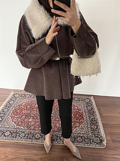 Kürk Yakalı Kap - Kahve