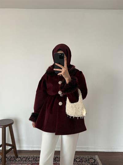 Kürklü Kaşe Kap - Bordo 