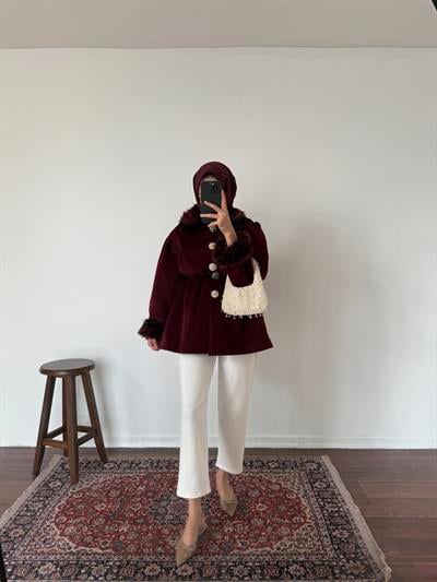 Kürklü Kaşe Kap - Bordo 