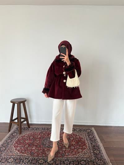 Kürklü Kaşe Kap - Bordo 