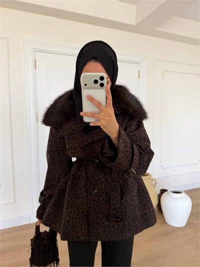 Leopar Desenli Kürklü Trençkot