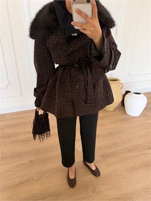 Leopar Desenli Kürklü Trençkot