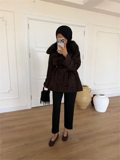 Leopar Desenli Kürklü Trençkot