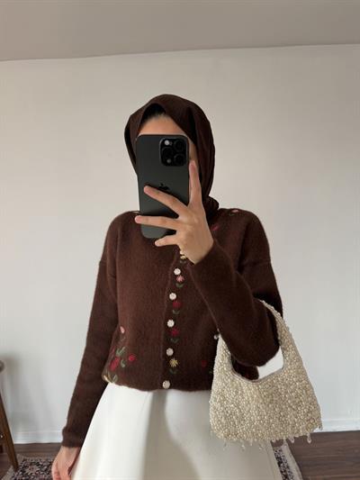 Nakış İşlemeli Kaşe Hırka - Taba